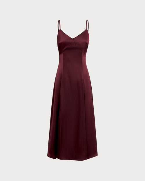 Wine Red Satin A-Line Slip Maxi Dress