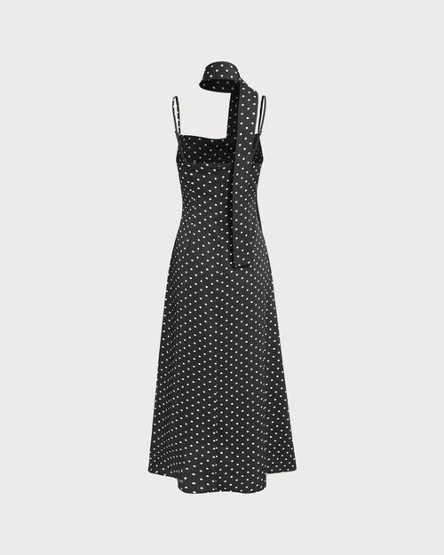 Black Polka Dot Cowl Neck Slip Maxi Dress