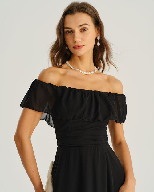 Black Off The Shoulder A-Line Maxi Dress