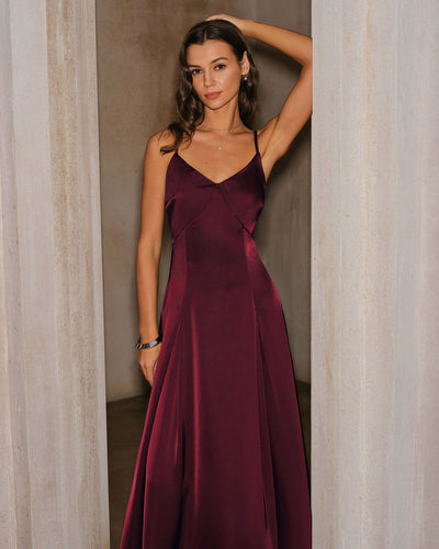 Wine Red Satin A-Line Slip Maxi Dress