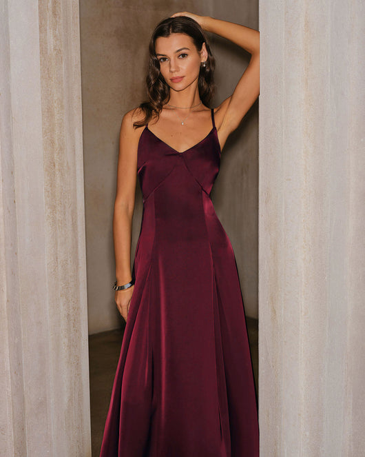 Wine Red Satin A-Line Slip Maxi Dress