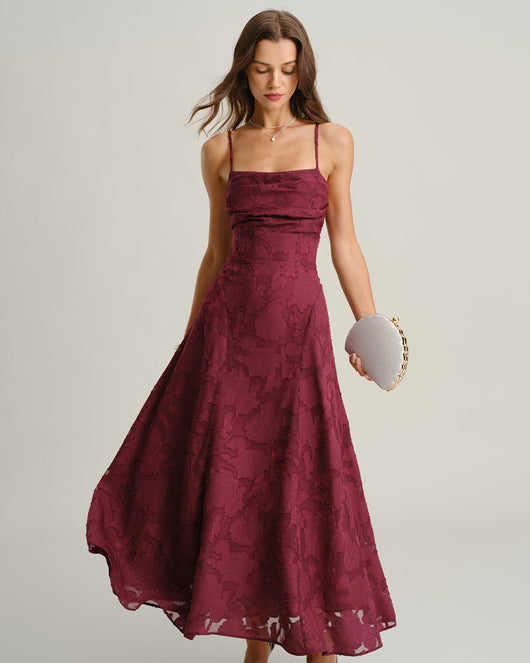 Wine Red Jacquard Slip Maxi Dress
