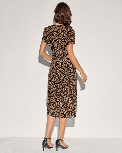 Black V Neck Button Floral Midi Dress