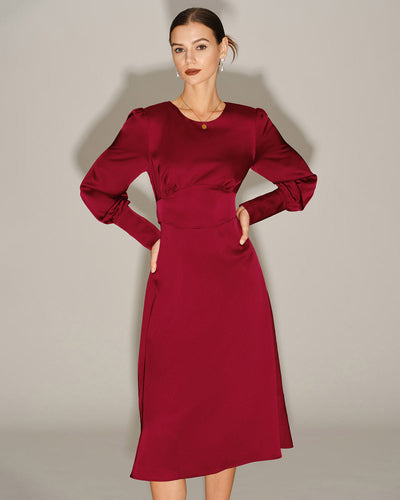 Wine Red Satin A-Line Midi Dress