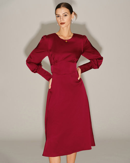 Wine Red Satin A-Line Midi Dress