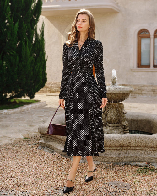 Black Polka Dot Collar Midi Dress