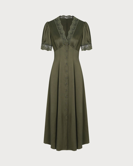 Green Lace Satin Midi Dress