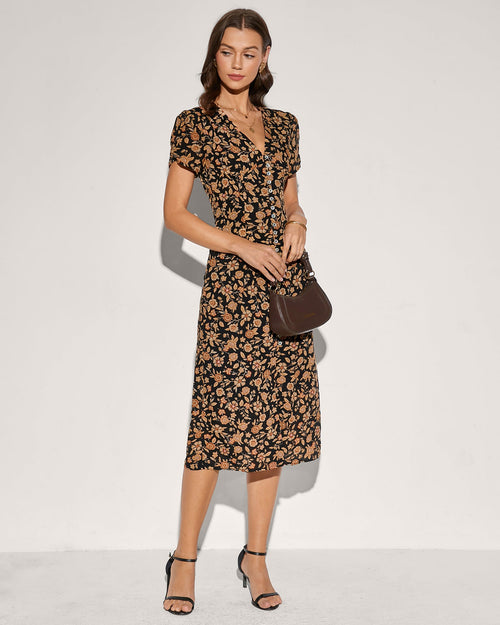 Black V Neck Button Floral Midi Dress
