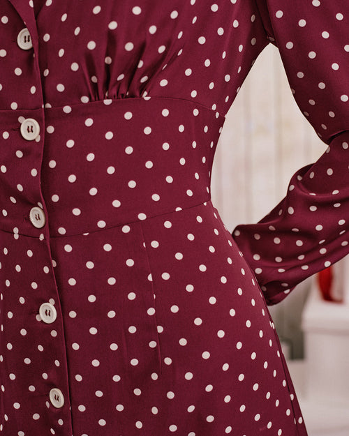 Wine Red Polka Dot Ruched Midi Dress