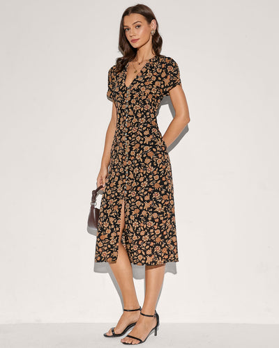 Black V Neck Button Floral Midi Dress