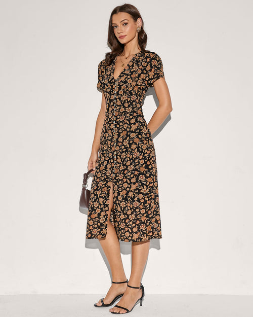 Black V Neck Button Floral Midi Dress