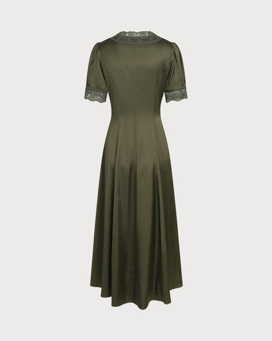 Green Lace Satin Midi Dress