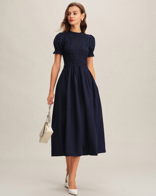 Blue Shirred A-Line Midi Dress