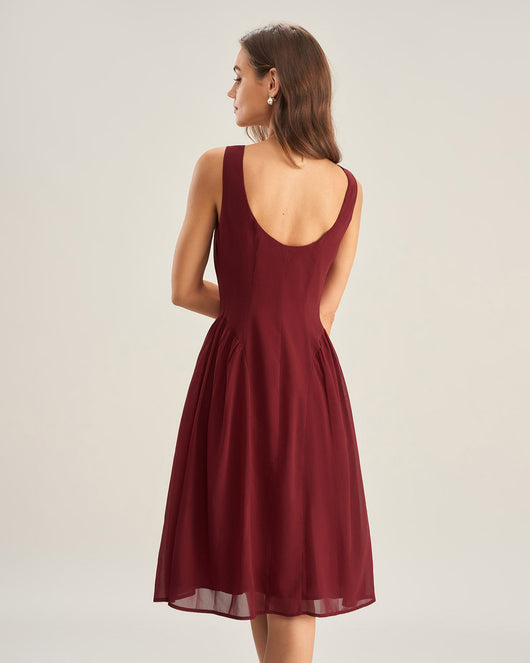 Wine Red Chiffon Sleeveless Midi Dress