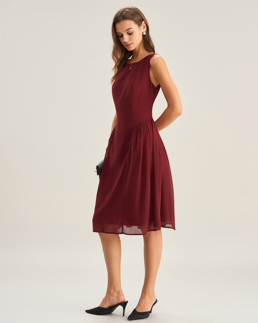 Wine Red Chiffon Sleeveless Midi Dress