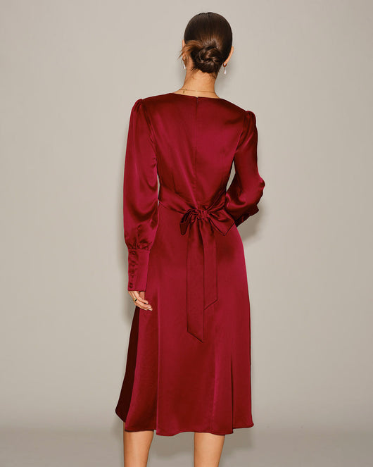 Wine Red Satin A-Line Midi Dress