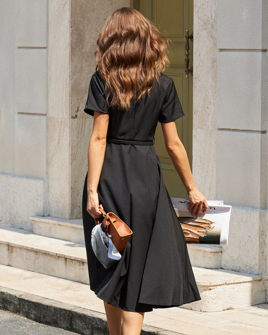 Black A-Line Belted Midi Dress