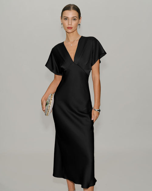 Black Satin Cowl Sleeve Midi Dress
