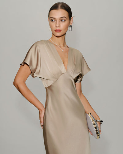 Apricot Satin V Neck A-Line Midi Dress