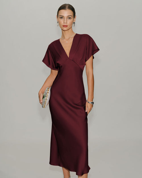 Wine Red Satin Cowl Sleeve Midi Dress