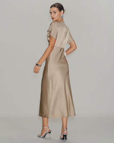 Apricot Satin V Neck A-Line Midi Dress