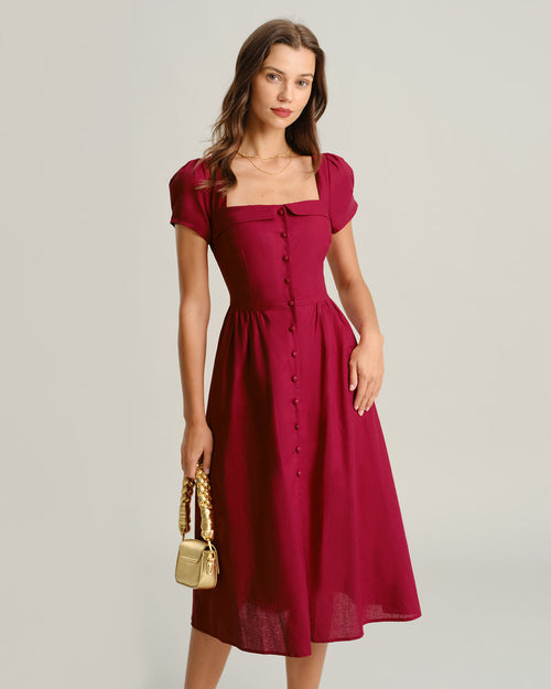 Wine Red Square Neck A-Line Midi Dress