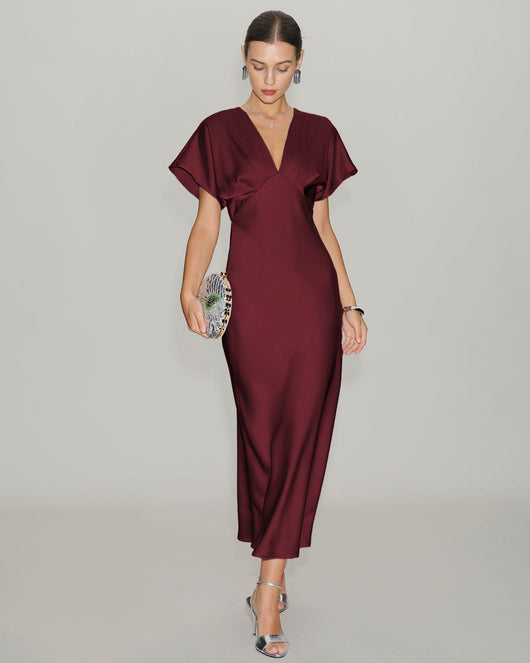 Wine Red Satin Cowl Sleeve Midi Dress