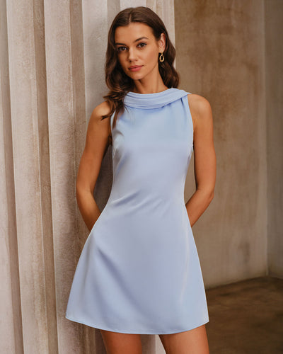Blue Satin Cowl Neck Backless Mini Dress