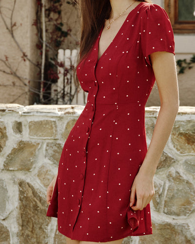 Wine Red V Neck Polka Dot Mini Dress