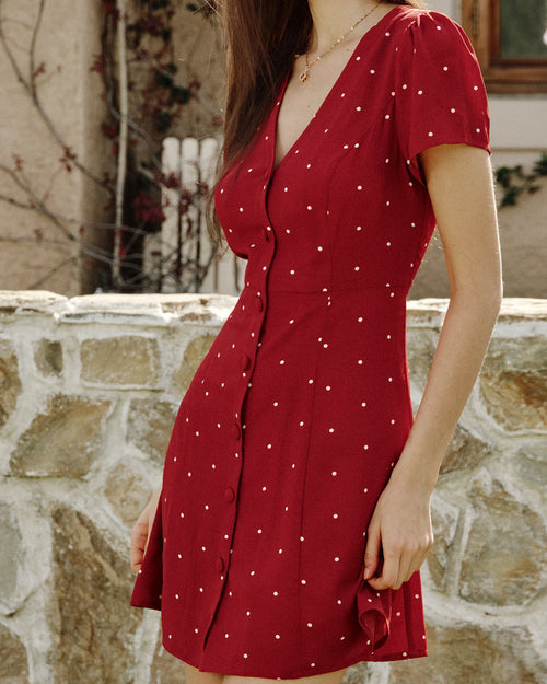 Wine Red V Neck Polka Dot Mini Dress