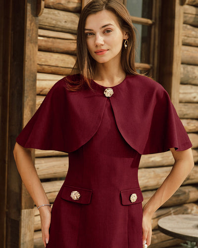 Wine Red Cape Sleeve Pocket Mini Dress