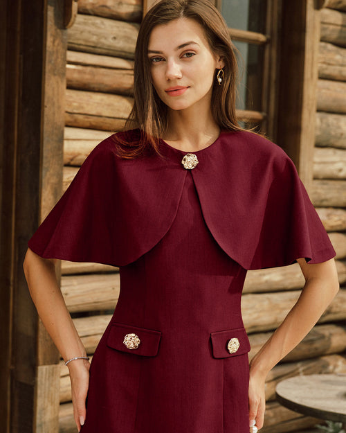 Wine Red Cape Sleeve Pocket Mini Dress