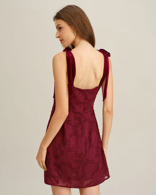 Wine Red Floral Tie Strap Mini Dress