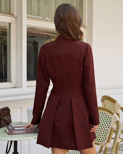 Wine Red Pleated Button Mini Dress