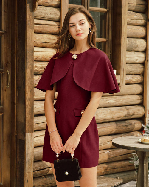 Wine Red Cape Sleeve Pocket Mini Dress