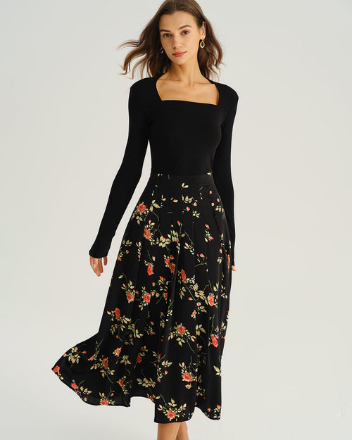 Black Floral A-Line Midi Skirt