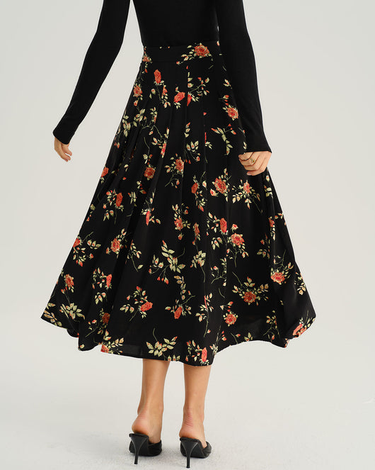 Black Floral A-Line Midi Skirt